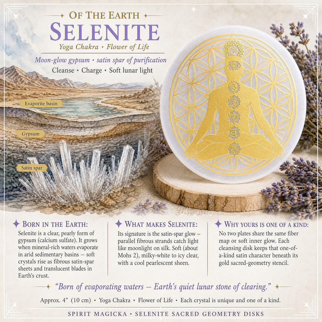 Illustration of selenite forming in an evaporating basin as satin spar blades, beside the finished disk