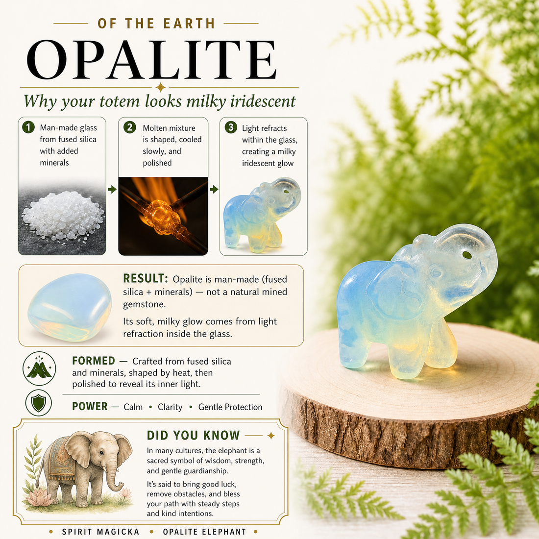 The opalite elephant standing on a wood slice beside a guide to how opalite glass gets its milky glow