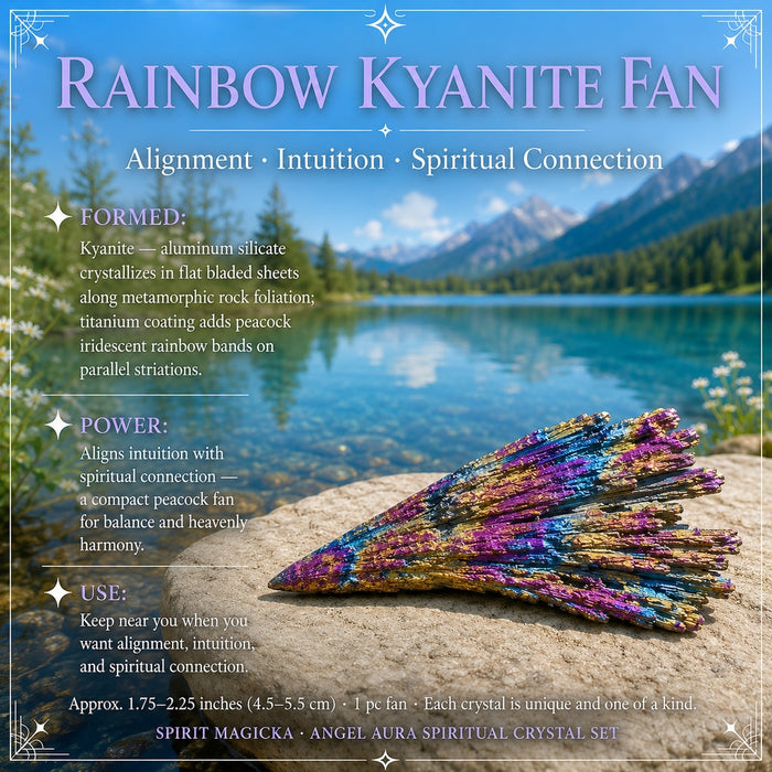 A rainbow kyanite fan of bladed crystals in purple, blue and gold on a rock by a lake
