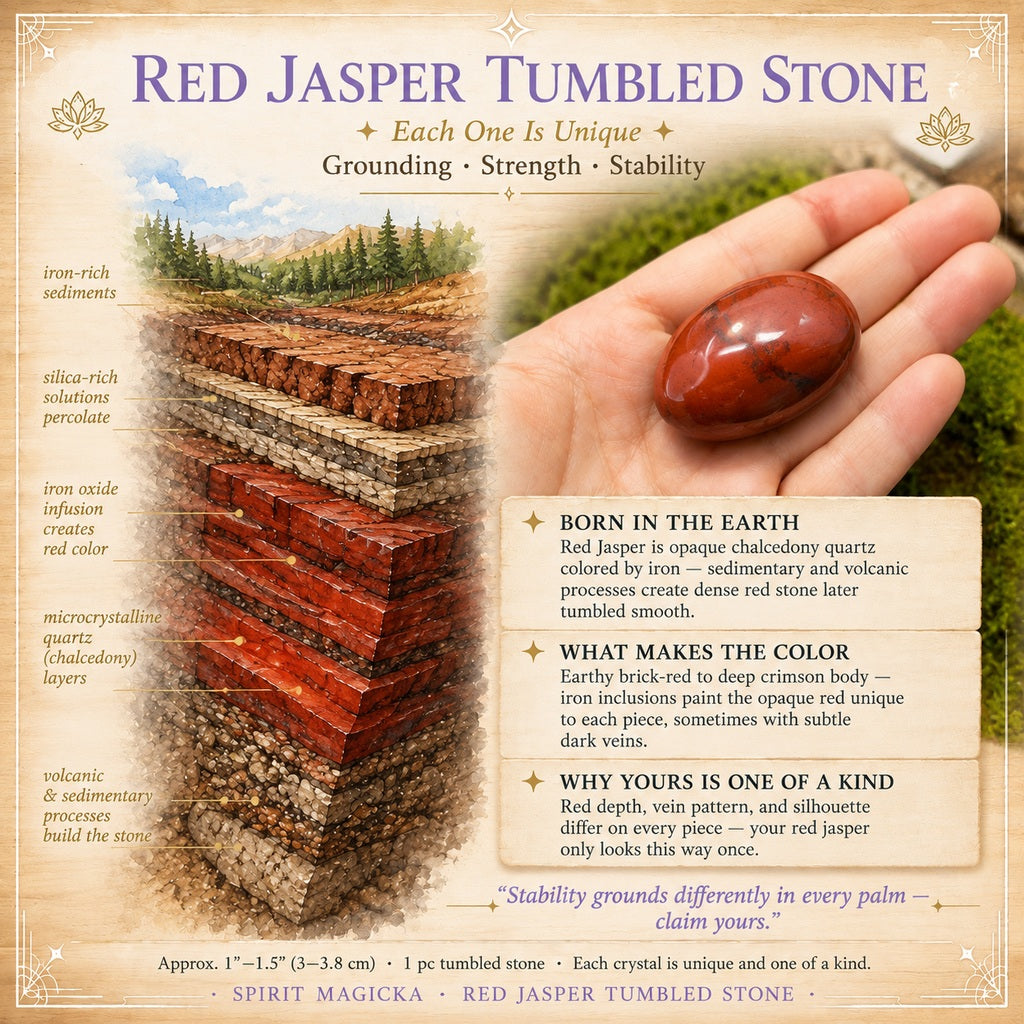 Illustrated guide to red jasper forming in iron-rich layers of the earth, beside a polished red jasper tumbled stone resting in an open palm