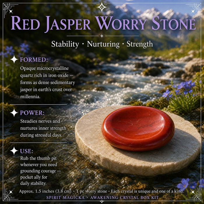 Polished red jasper worry stone with a thumb dip