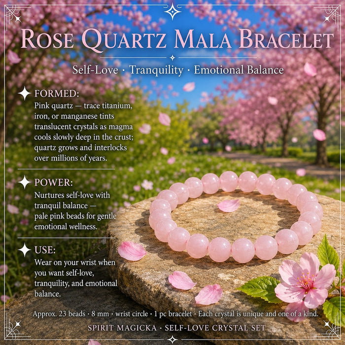 A rose quartz bead mala bracelet