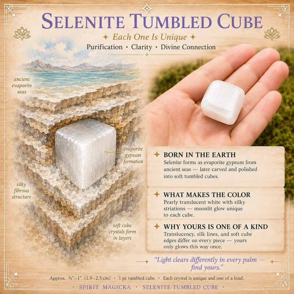 Illustration of selenite forming in layered gypsum beneath an ancient sea, beside a hand holding a white selenite cube
