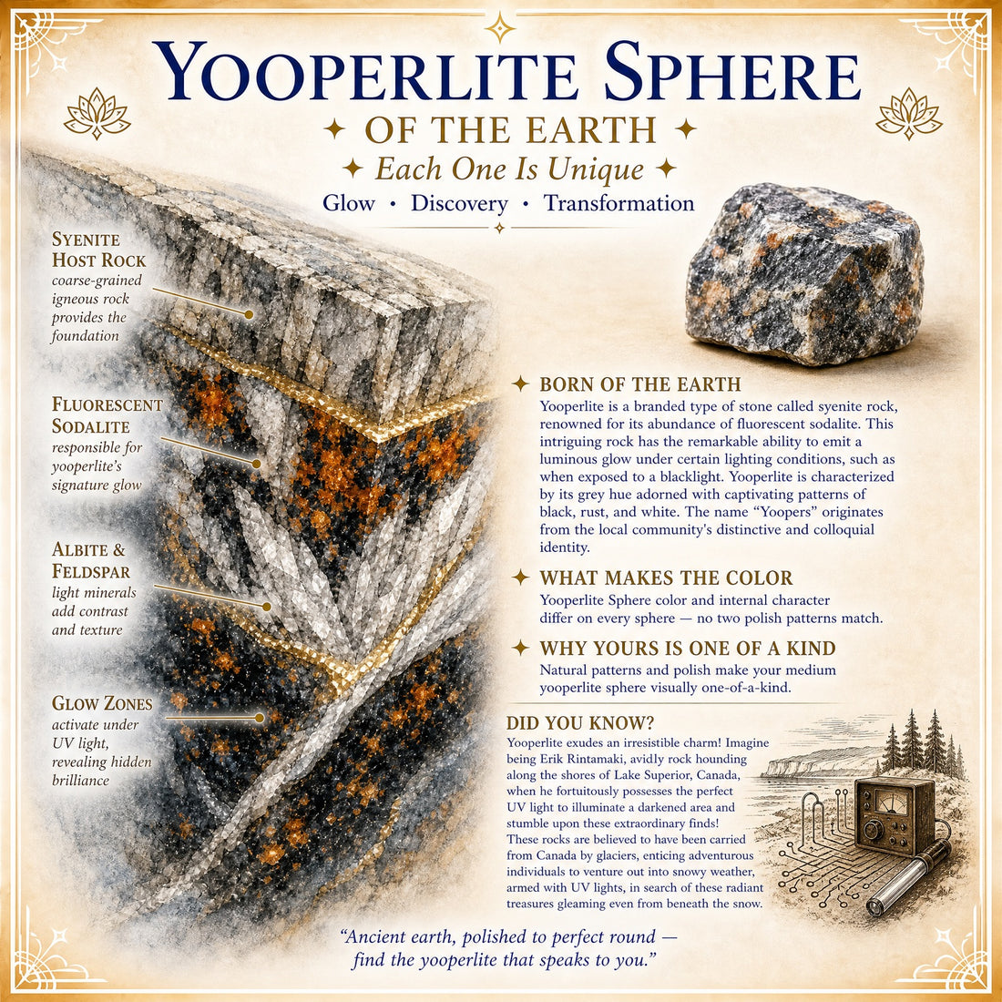 Illustrated guide to yooperlite: syenite host rock with fluorescent sodalite glow zones, a rough piece, and a vintage UV lamp on the Lake Superior shore