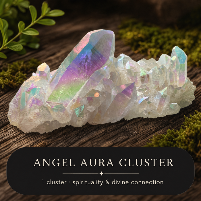 An iridescent angel aura quartz cluster on moss and wood