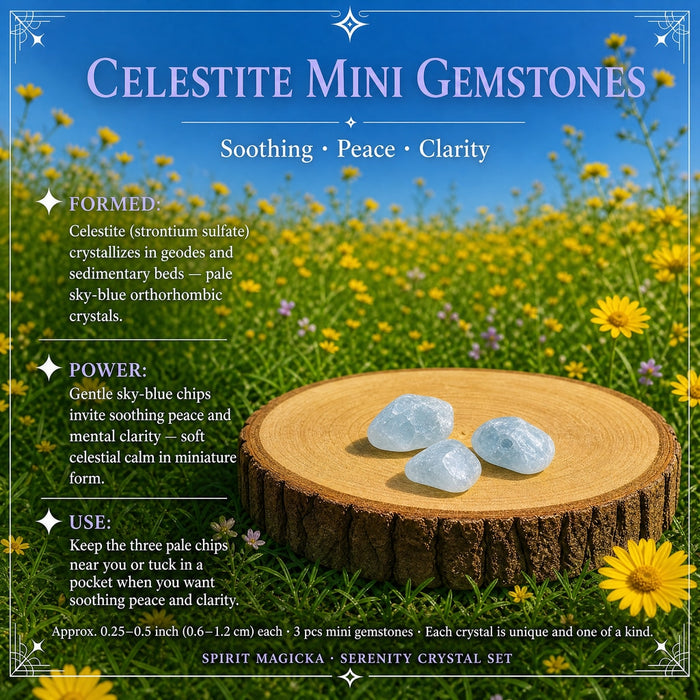 Three pale blue celestite mini gemstones on a wood slice