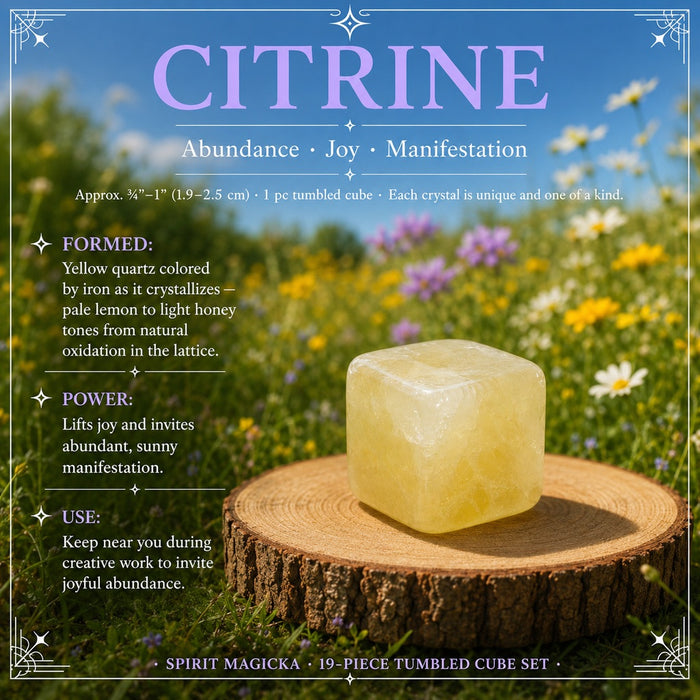 Citrine tumbled cube on a wooden round in a wildflower meadow