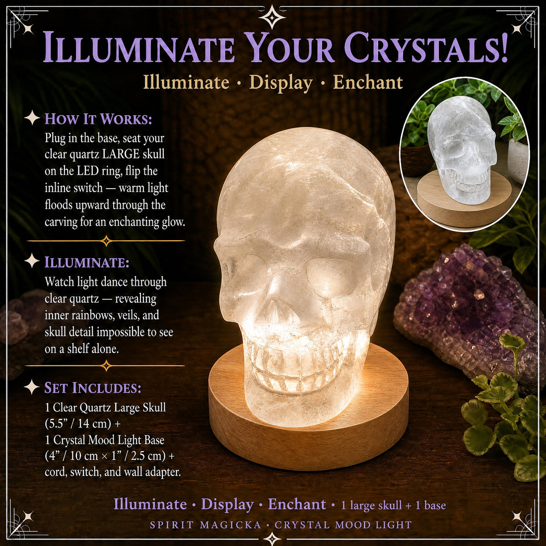 A large carved clear quartz skull glowing warm white on a round wooden light base beside an amethyst cluster
