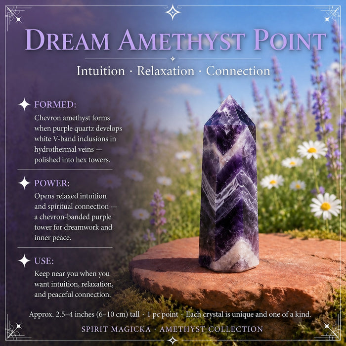 A dark dream amethyst point with white V-shaped bands standing on a stone