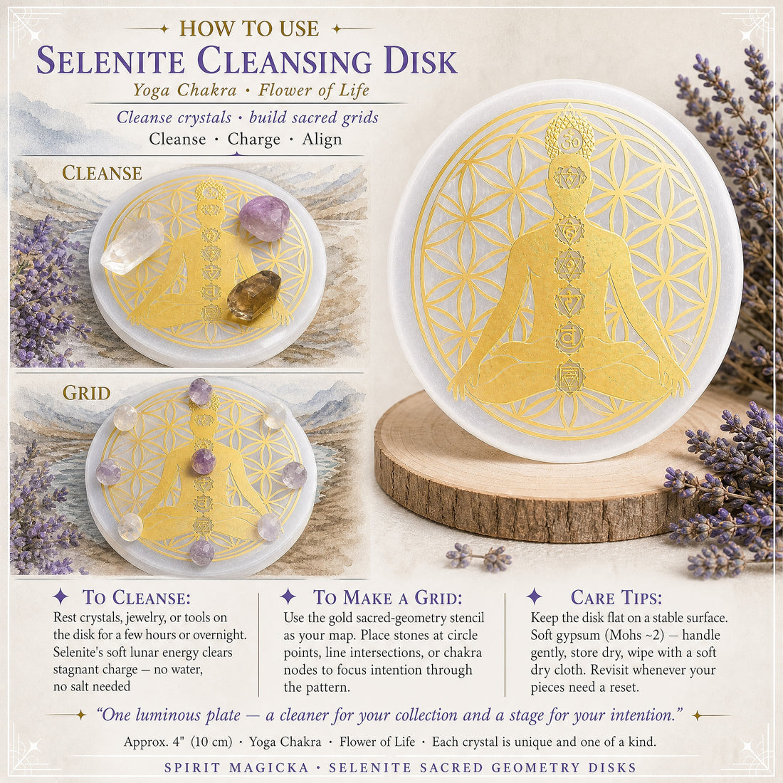 The selenite disk holding crystal points to cleanse, and holding tumbled stones laid out as a grid