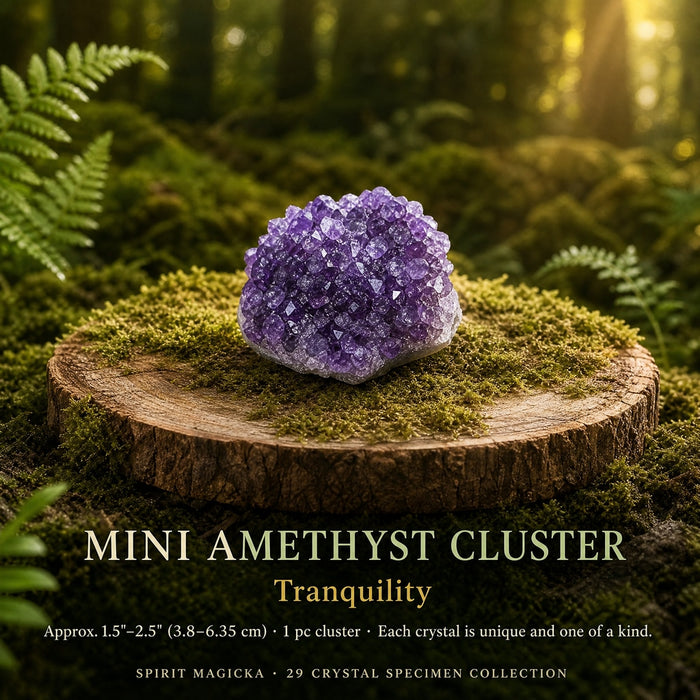 Mini amethyst cluster of sparkling purple points on a mossy stump