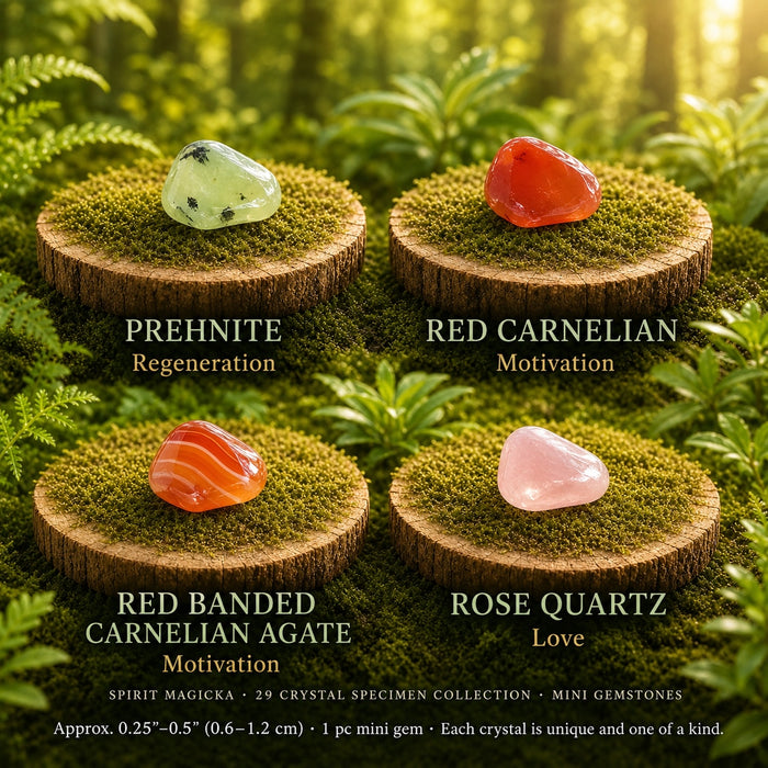 Mini prehnite, red carnelian, red banded carnelian agate and rose quartz on moss-topped wood slices