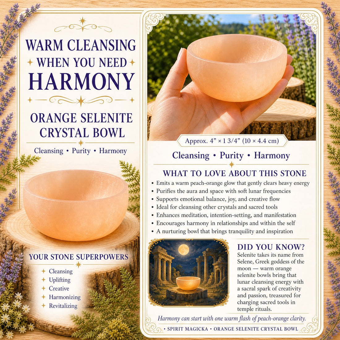 An orange selenite bowl held in one hand outdoors, beside its size and a list of its traditional qualities
