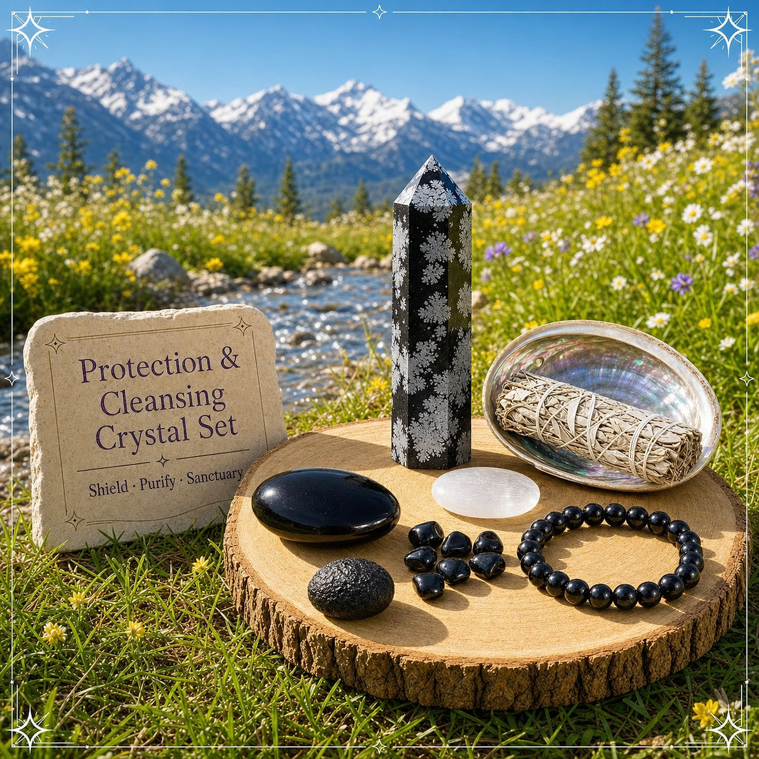 Snowflake obsidian point, obsidian palmstone, selenite ellipse, tektite, obsidian minis, obsidian bead bracelet and a sage bundle in an abalone shell on a wood slice in a meadow