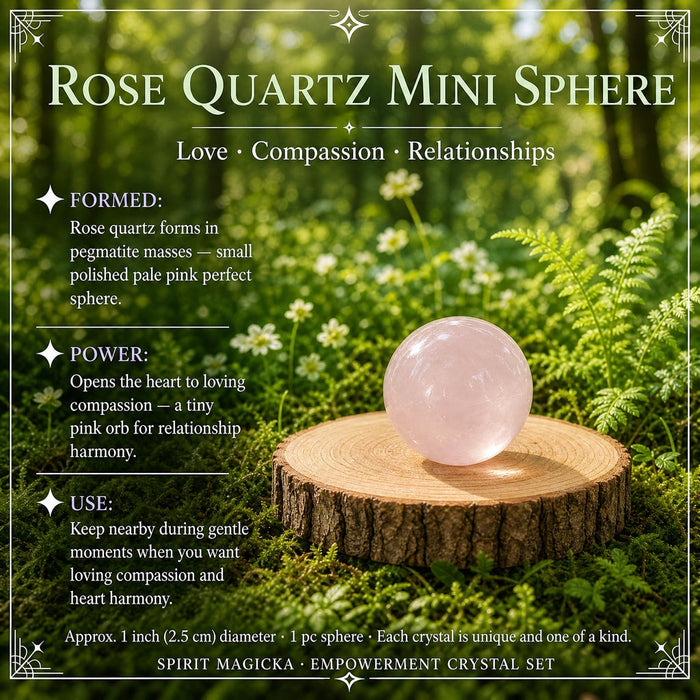 A small polished pale pink rose quartz sphere on a wood slice