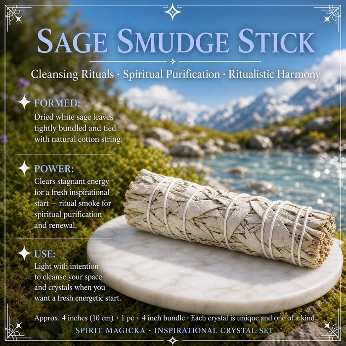 Bundle of dried white sage tied with white cotton string on a marble disc