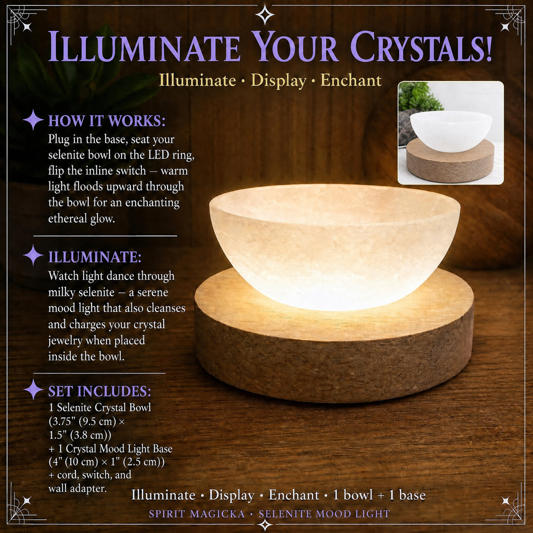 Selenite bowl glowing warm white on its round wooden light base