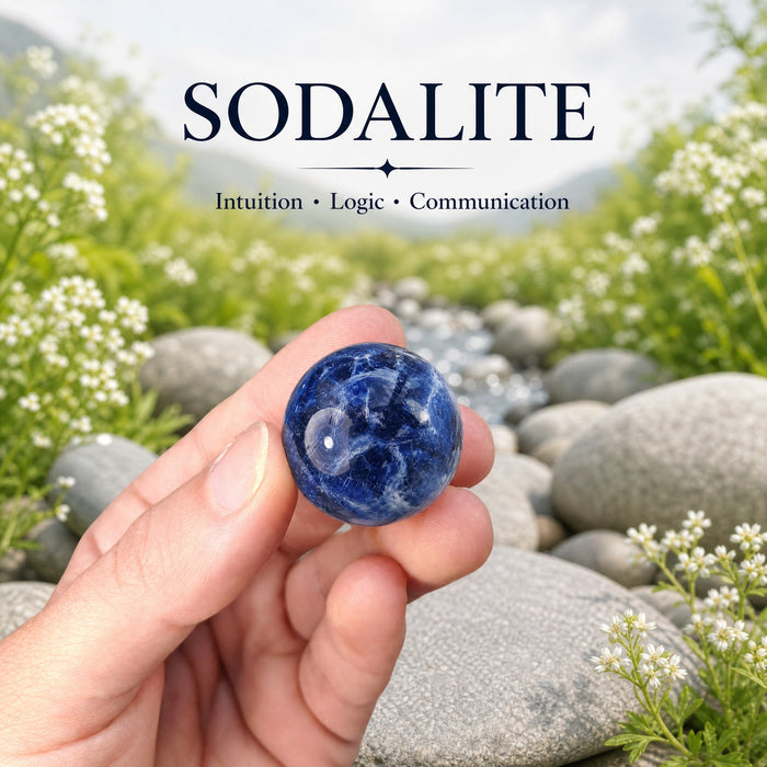 A small royal blue sodalite sphere veined with white, held in the fingertips