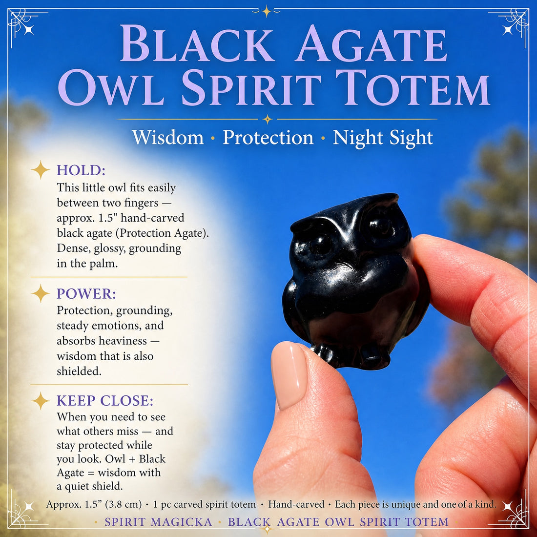 The black agate owl held between thumb and finger against a blue sky, with notes on holding and keeping it close