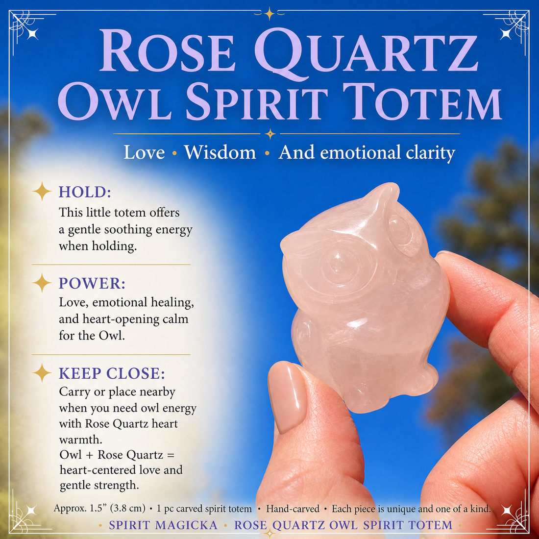 The rose quartz owl totem held between finger and thumb against a blue sky, glowing soft pink in the sun