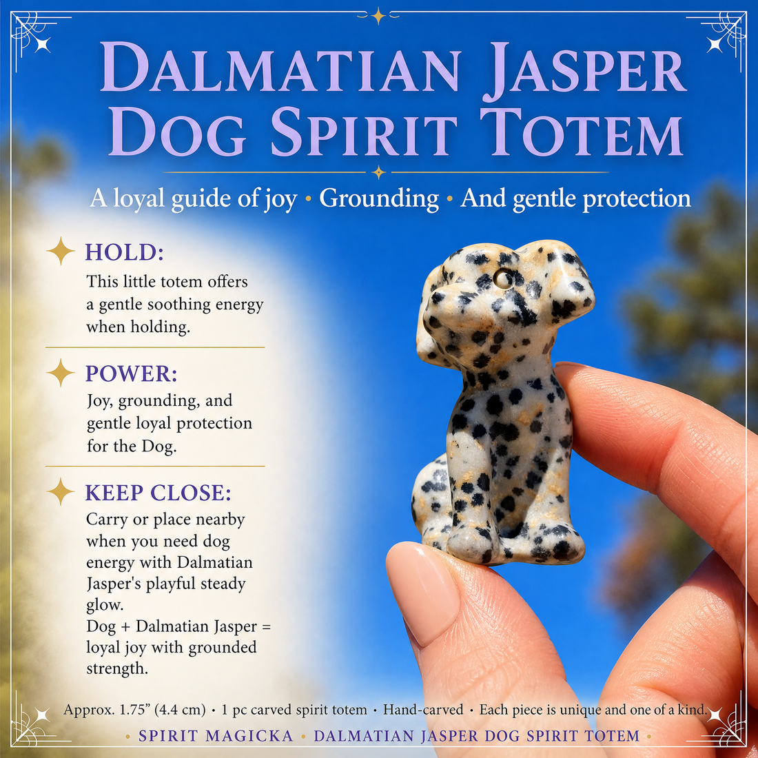The Dalmatian Jasper dog totem held between finger and thumb against a blue sky, beside a short guide to the totem