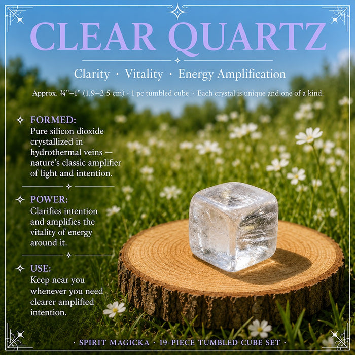 Clear Quartz tumbled cube on a wooden round in a wildflower meadow