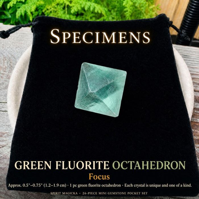 Green Fluorite octahedron on the velvet pouch
