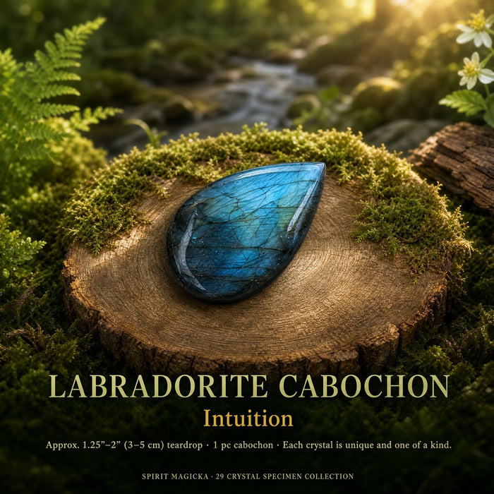 Teardrop labradorite cabochon flashing blue on a mossy stump