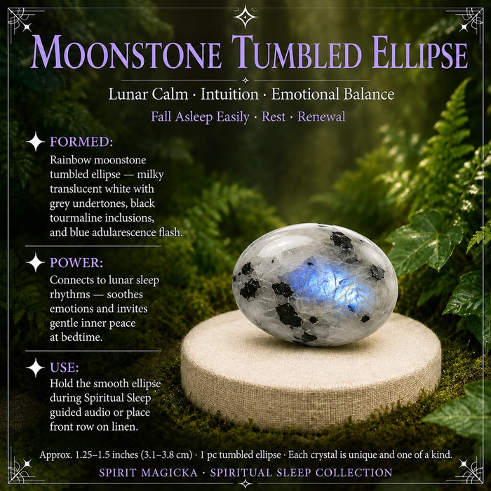 Milky white rainbow moonstone tumbled ellipse with a blue flash