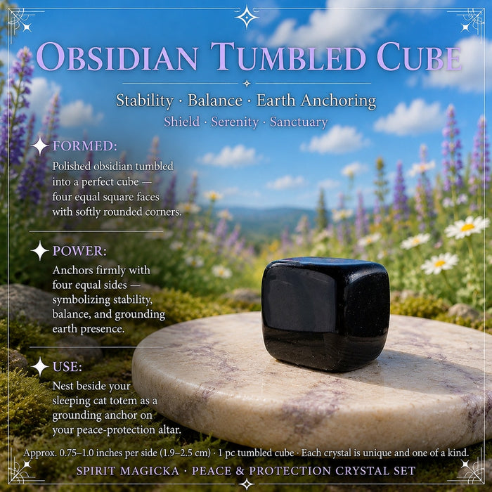 Polished black obsidian cube with softly rounded corners on a round stone