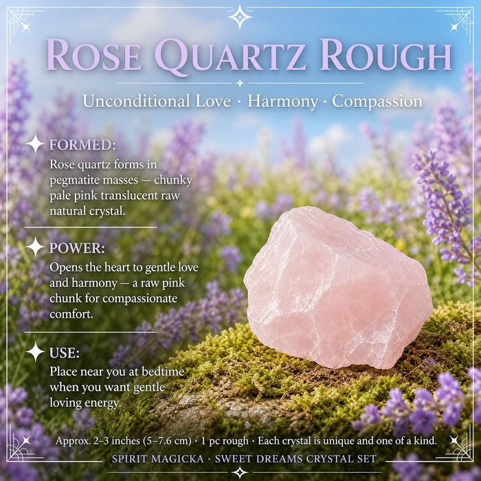 A rough pale pink rose quartz chunk on moss