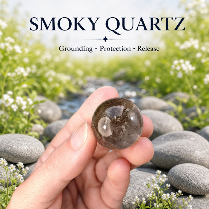 A small translucent smoky quartz sphere held in the fingertips