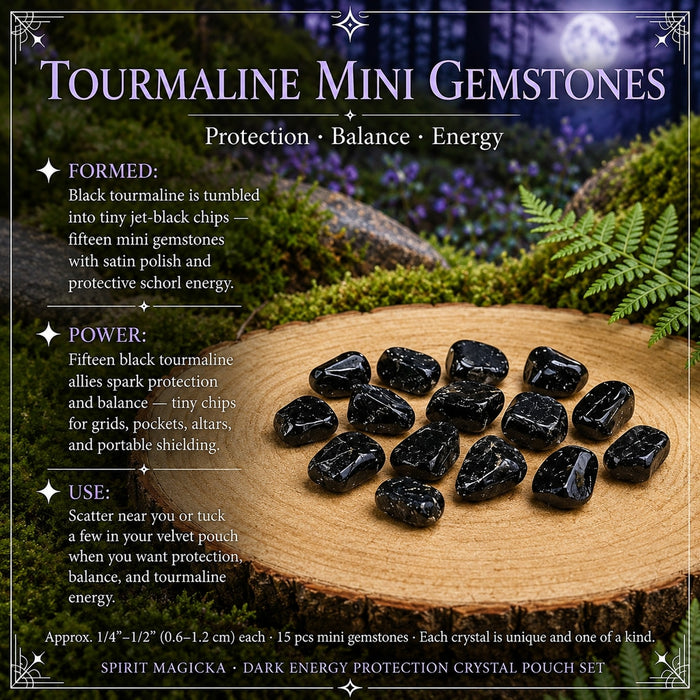 Fifteen small tumbled black tourmaline stones spread across a wooden slice