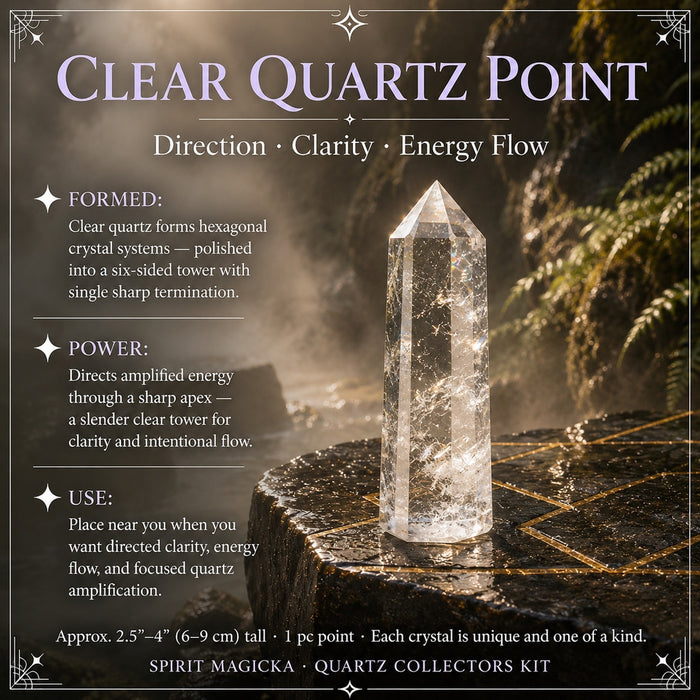 A slender clear quartz point standing upright on dark stone