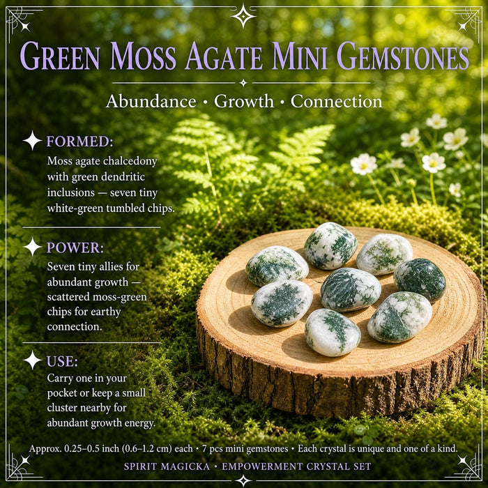 Small white and green tumbled moss agate mini gemstones on a wood slice