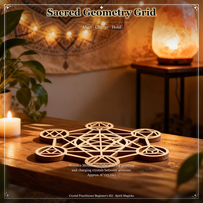 Empty wooden Metatron's Cube sacred geometry grid with seven round stone holders