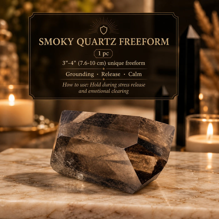 A faceted smoky quartz freeform chunk in translucent smoky brown
