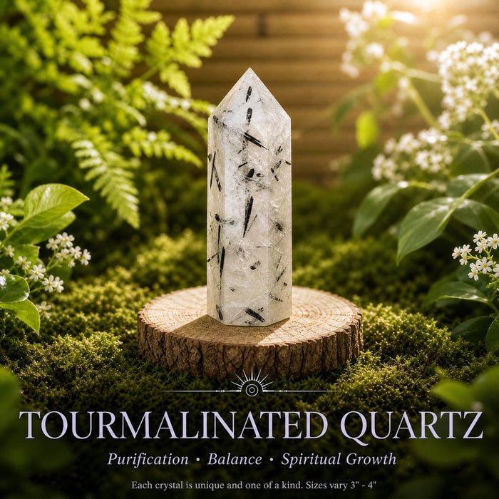 Clear tourmalinated quartz point with black tourmaline needles