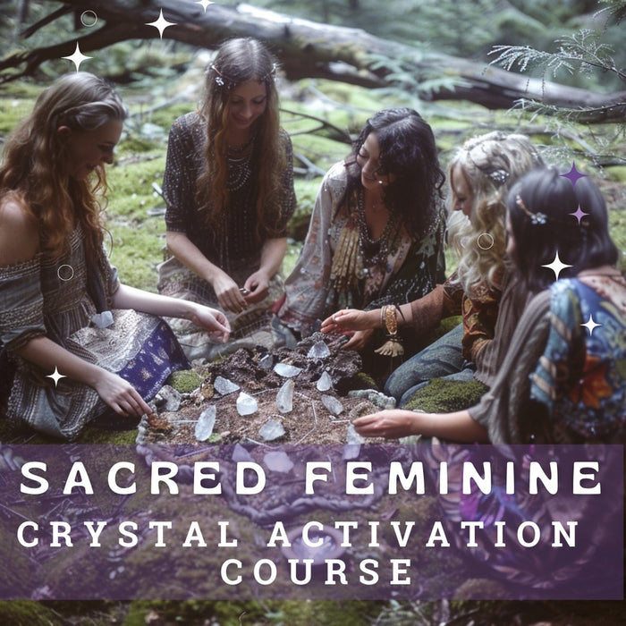 Title artwork for the Sacred Feminine Crystal Activation Course, women arranging quartz crystals in a forest