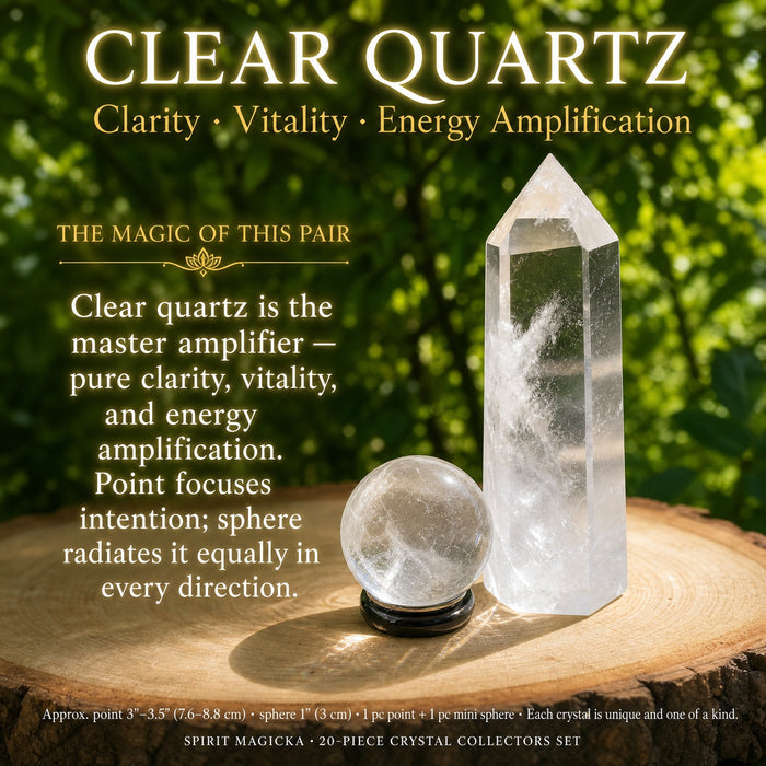 A clear quartz point beside a clear quartz mini sphere