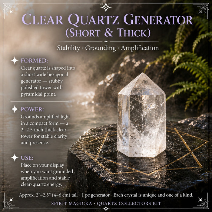 A short, thick clear quartz generator standing on dark stone