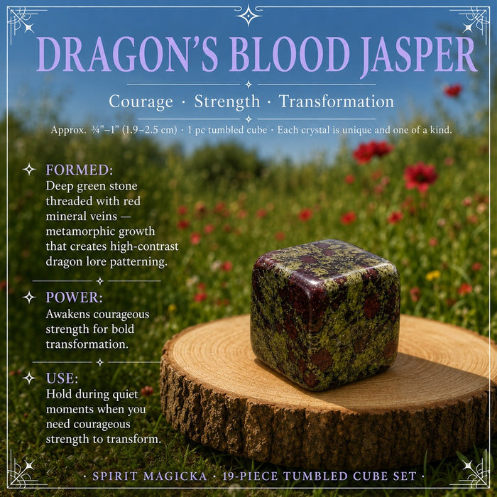 Dragon’s Blood tumbled cube on a wooden round in a wildflower meadow