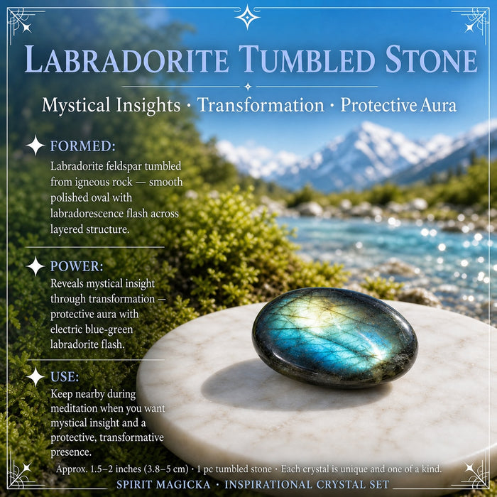 Polished labradorite tumbled stone flashing blue and gold on a marble disc