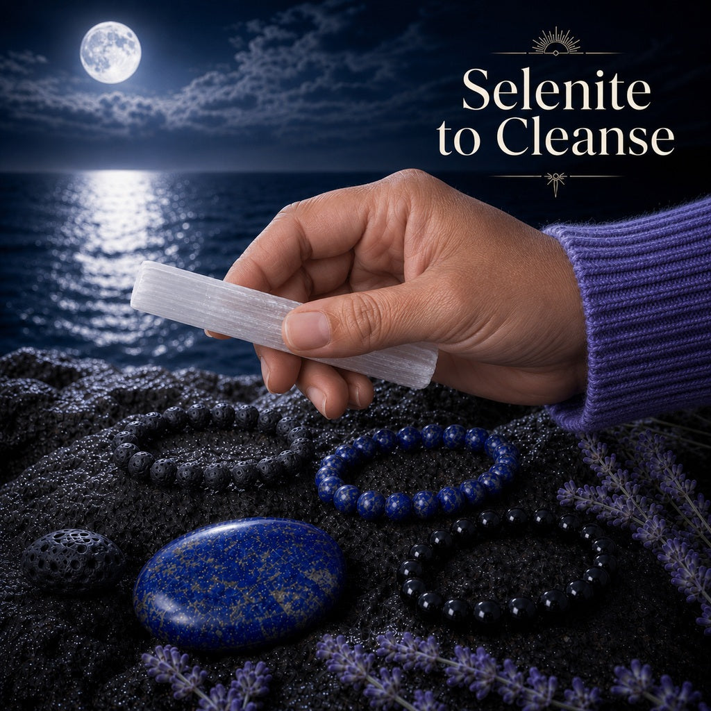 A hand holding a white selenite stick above a lapis lazuli palmstone, a black tektite and three bead bracelets laid on dark stone under the moon