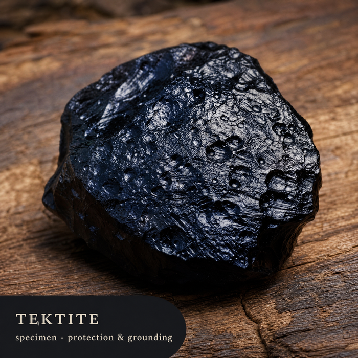 A black, pitted tektite specimen on wood