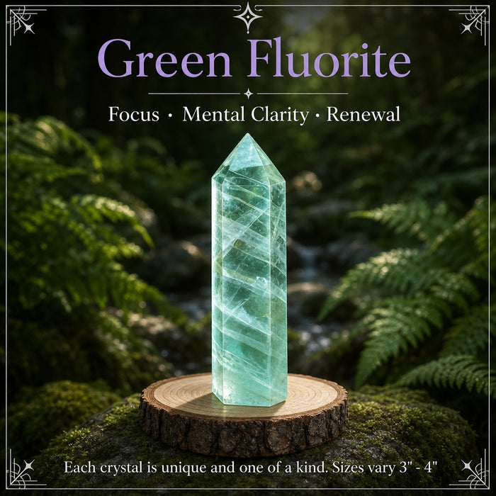 A translucent green fluorite point on a wooden stand among ferns