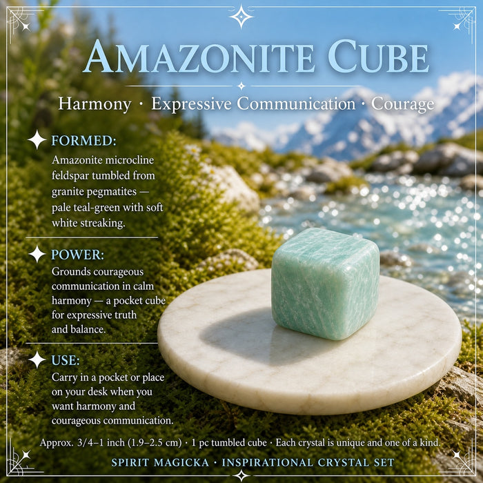 Pale teal amazonite cube with white streaks on a marble disc