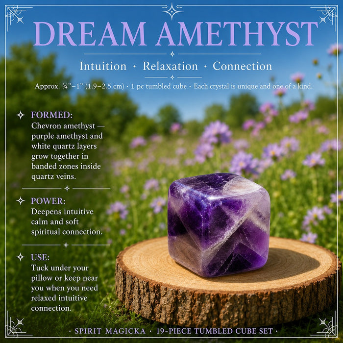 Dream Amethyst tumbled cube on a wooden round in a wildflower meadow