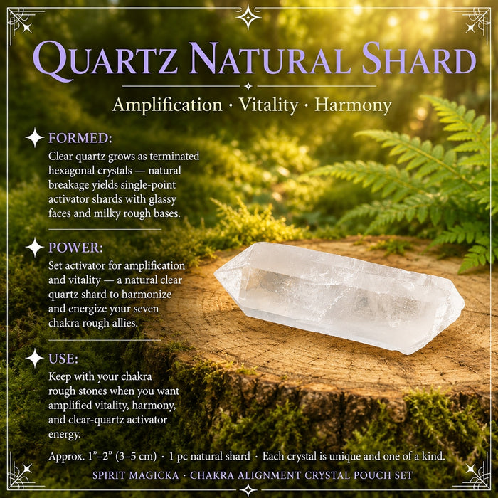 A natural clear quartz shard with a pointed tip on a wood round