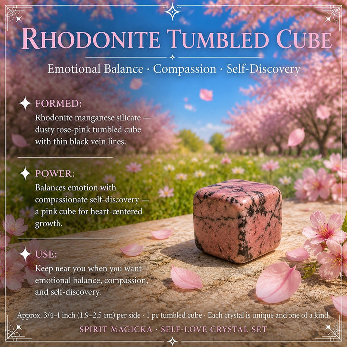 A dusty pink rhodonite tumbled cube with dark veins